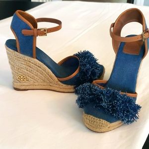 Tory Burch Pom Pom Wedges, Size 7, Blue